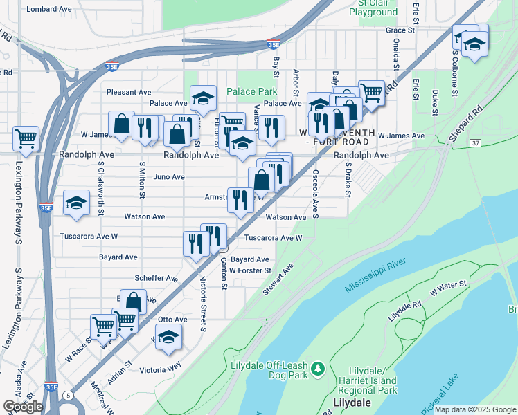 map of restaurants, bars, coffee shops, grocery stores, and more near 763 Armstrong Avenue West in Saint Paul