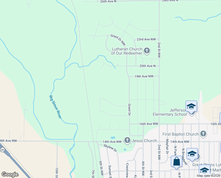 map of restaurants, bars, coffee shops, grocery stores, and more near 1922 Missouri Drive Northwest in Watertown