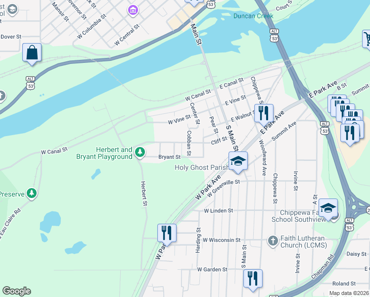 map of restaurants, bars, coffee shops, grocery stores, and more near 202 Cliff Street in Chippewa Falls