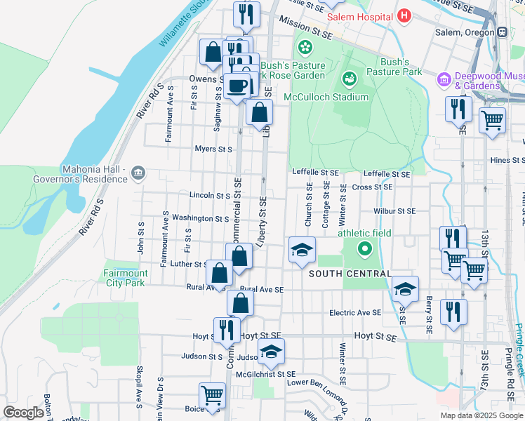 map of restaurants, bars, coffee shops, grocery stores, and more near 360 Lincoln Street South in Salem