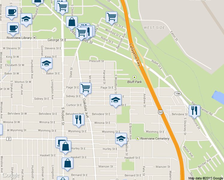 map of restaurants, bars, coffee shops, grocery stores, and more near 287 Page Street East in Saint Paul