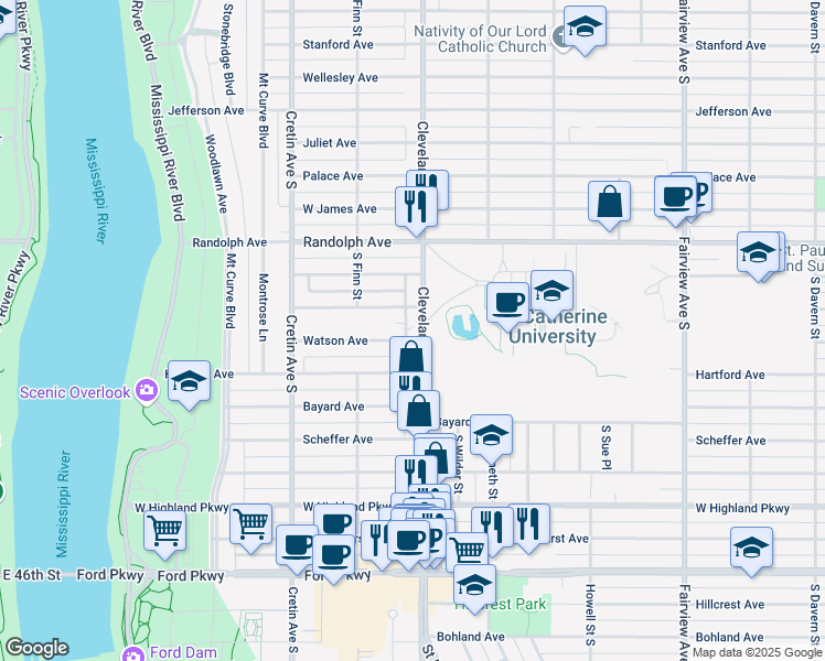 map of restaurants, bars, coffee shops, grocery stores, and more near 555 Cleveland Avenue South in Saint Paul