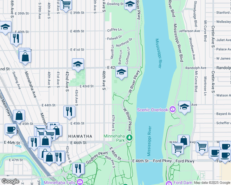 map of restaurants, bars, coffee shops, grocery stores, and more near 4300 West River Parkway in Minneapolis