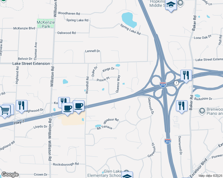map of restaurants, bars, coffee shops, grocery stores, and more near 4317 Kings Drive in Minnetonka