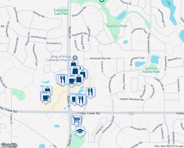 map of restaurants, bars, coffee shops, grocery stores, and more near 1755 Donegal Drive in Woodbury