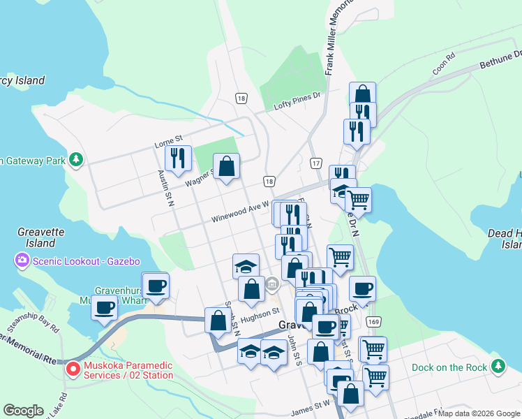 map of restaurants, bars, coffee shops, grocery stores, and more near 105 Winewood Avenue West in Gravenhurst