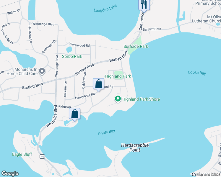 map of restaurants, bars, coffee shops, grocery stores, and more near 5880 Idlewood Road in Mound