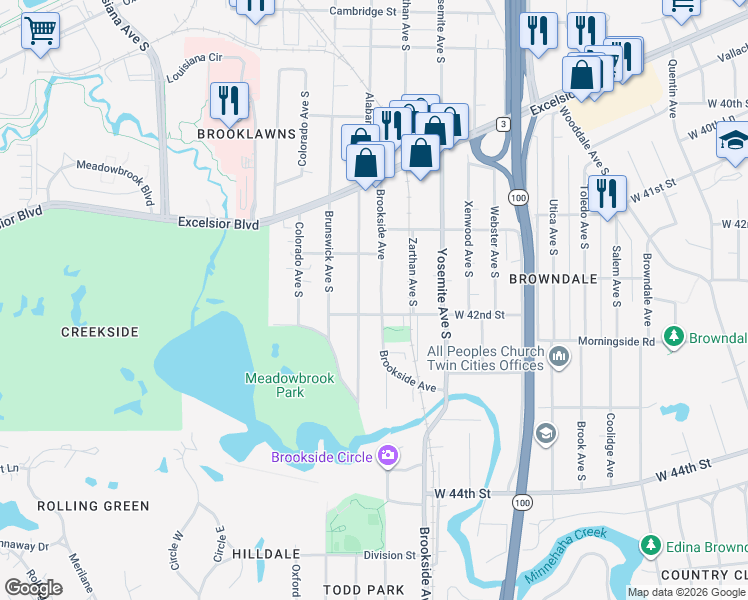 map of restaurants, bars, coffee shops, grocery stores, and more near 4157 Brookside Avenue in Minneapolis