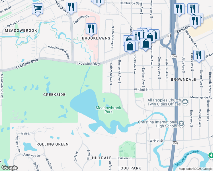 map of restaurants, bars, coffee shops, grocery stores, and more near 4134 Colorado Avenue South in Minneapolis