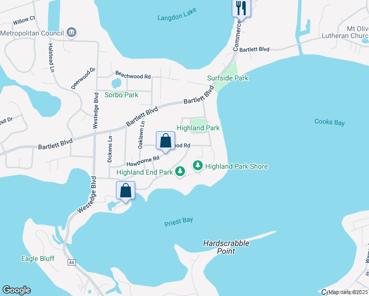 map of restaurants, bars, coffee shops, grocery stores, and more near 5900 Ridgewood Road in Mound