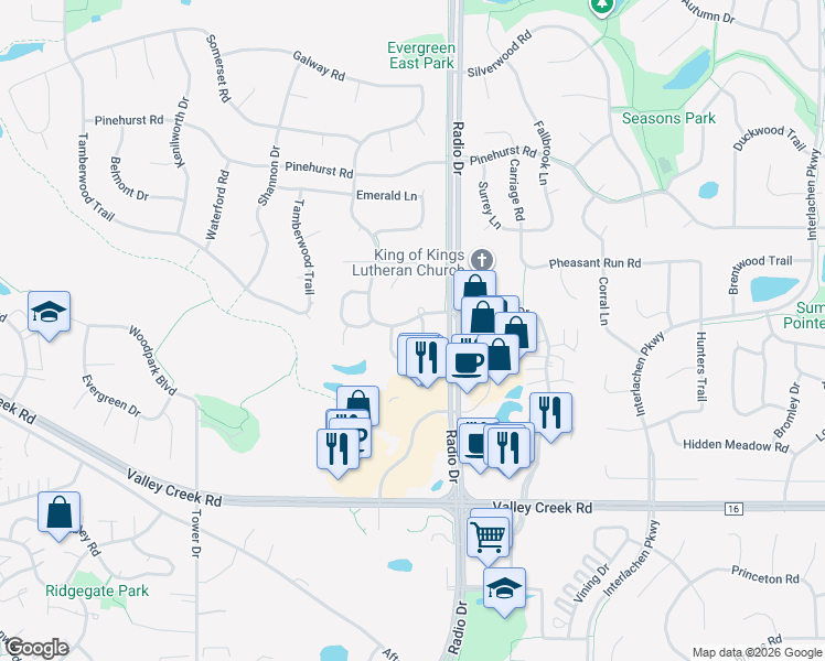 map of restaurants, bars, coffee shops, grocery stores, and more near 1724 Donegal Drive in Woodbury