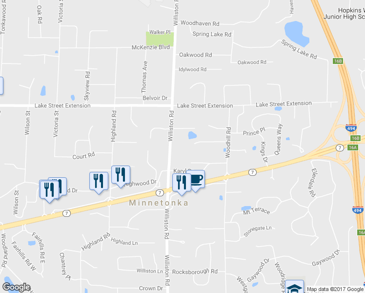 map of restaurants, bars, coffee shops, grocery stores, and more near 4309 Williston Road in Minnetonka