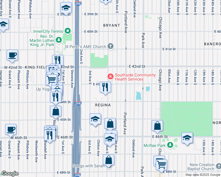 map of restaurants, bars, coffee shops, grocery stores, and more near in Minneapolis