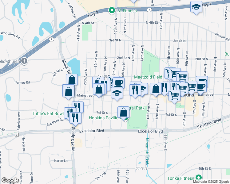map of restaurants, bars, coffee shops, grocery stores, and more near 17 17th Avenue South in Hopkins