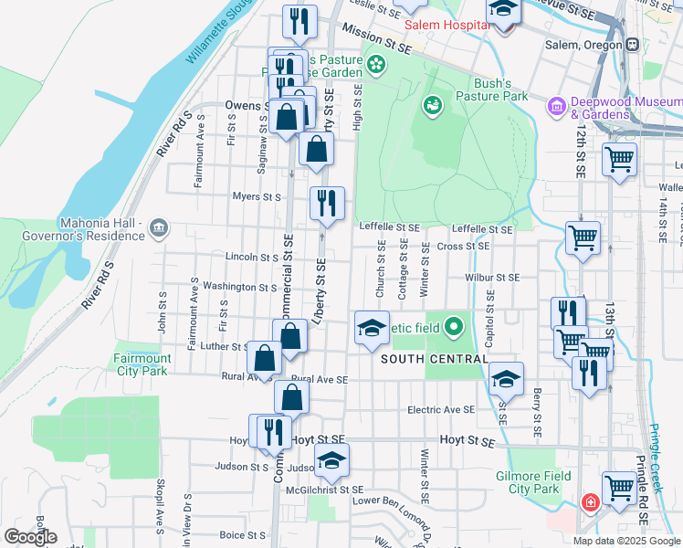 map of restaurants, bars, coffee shops, grocery stores, and more near 470 Lincoln Street Southeast in Salem