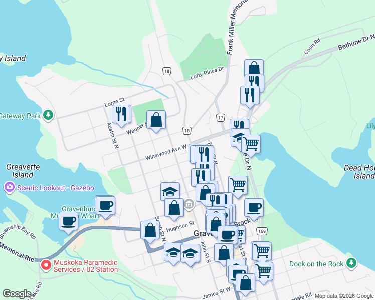 map of restaurants, bars, coffee shops, grocery stores, and more near 130 Winewood Avenue West in Gravenhurst