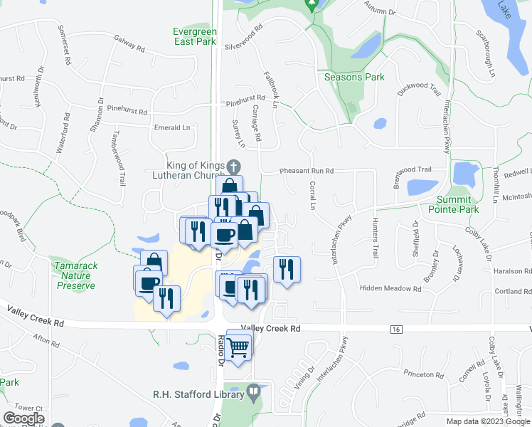 map of restaurants, bars, coffee shops, grocery stores, and more near 1750 Donegal Drive in Woodbury