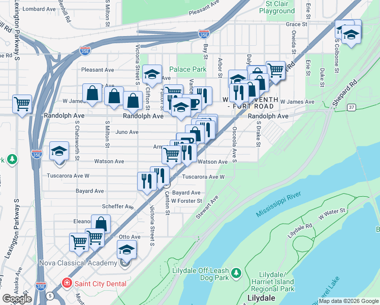 map of restaurants, bars, coffee shops, grocery stores, and more near 763 Armstrong Avenue West in Saint Paul