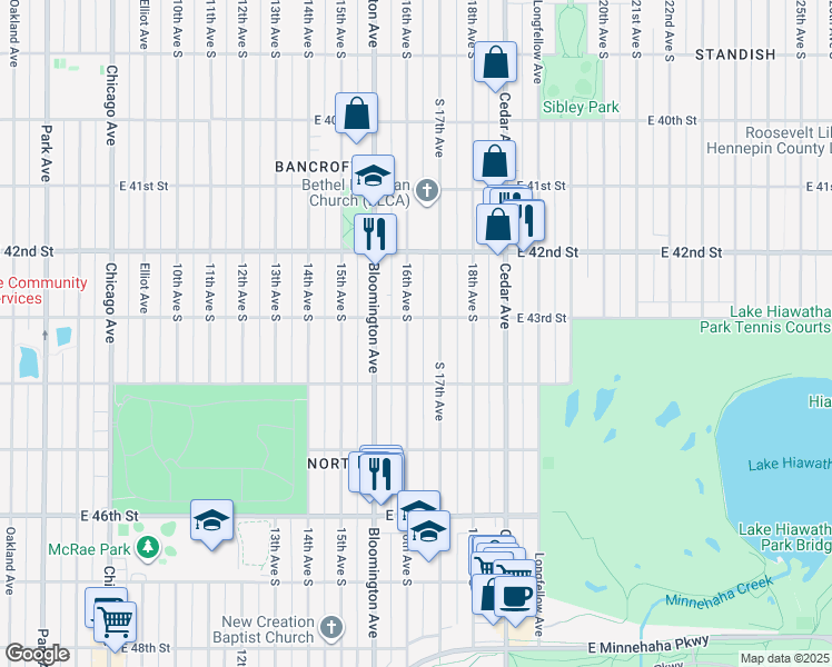 map of restaurants, bars, coffee shops, grocery stores, and more near 1532 East 43rd Street in Minneapolis
