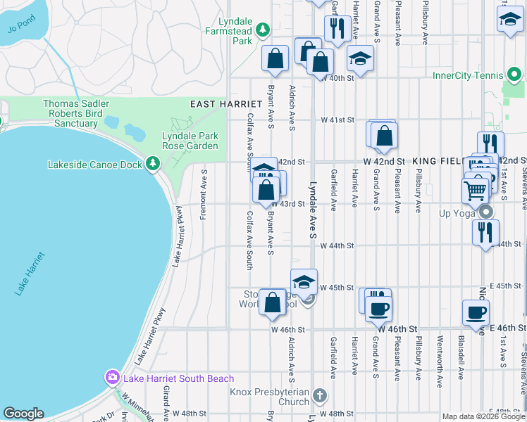 map of restaurants, bars, coffee shops, grocery stores, and more near 4300 Bryant Avenue South in Minneapolis