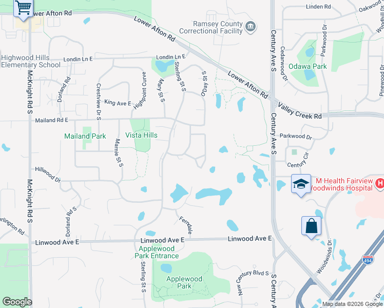 map of restaurants, bars, coffee shops, grocery stores, and more near 563 Deer Ridge Lane South in Maplewood
