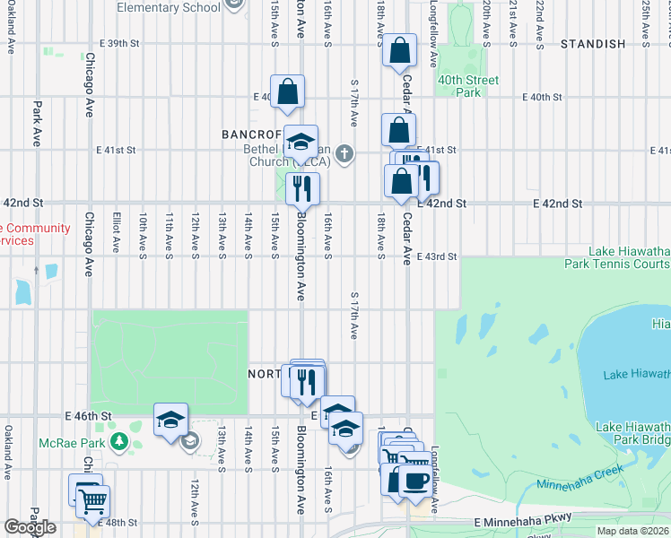 map of restaurants, bars, coffee shops, grocery stores, and more near 1532 East 43rd Street in Minneapolis