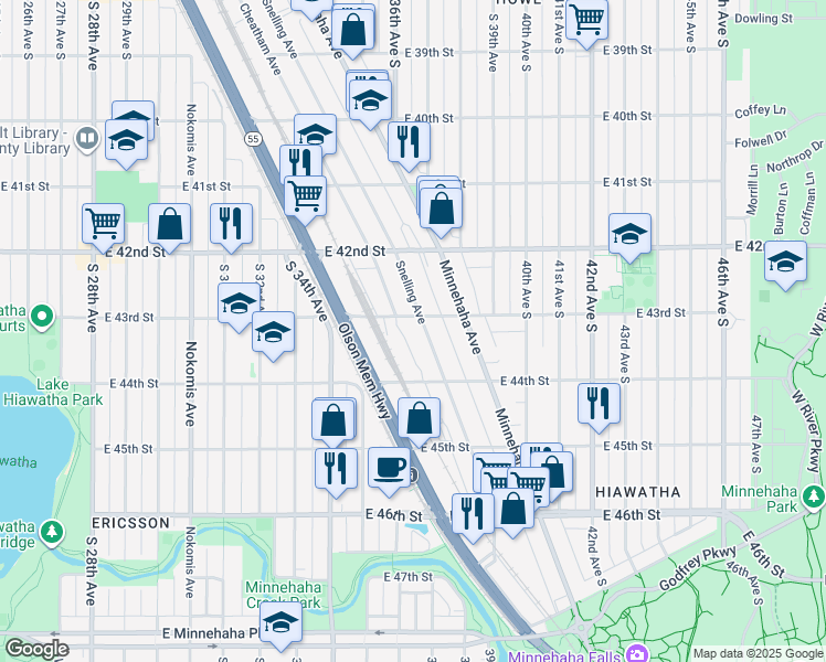 map of restaurants, bars, coffee shops, grocery stores, and more near 3635 East 43rd Street in Minneapolis