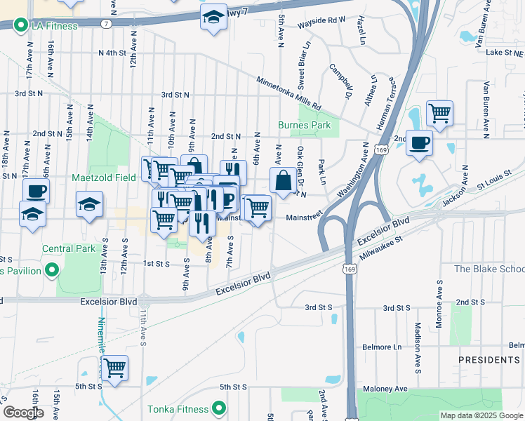 map of restaurants, bars, coffee shops, grocery stores, and more near 517 Mainstreet in Hopkins