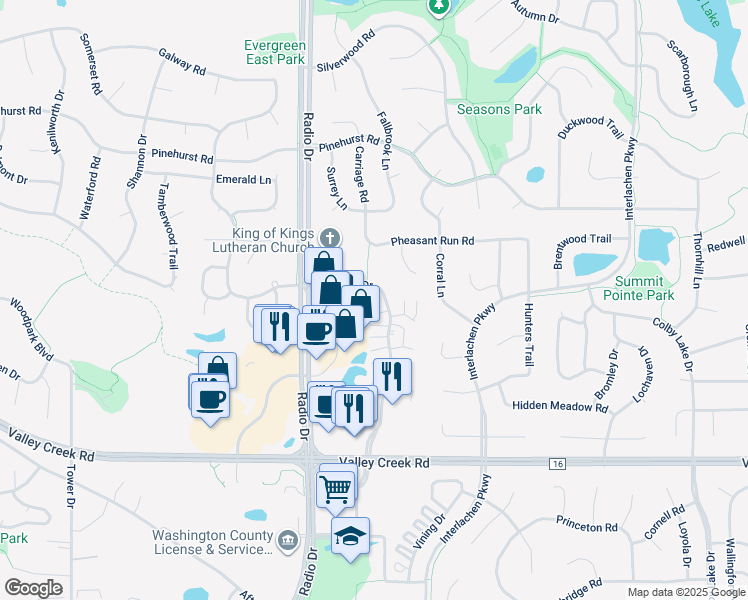 map of restaurants, bars, coffee shops, grocery stores, and more near 1750 Donegal Drive in Woodbury