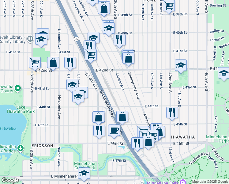 map of restaurants, bars, coffee shops, grocery stores, and more near 3625 East 43rd Street in Minneapolis