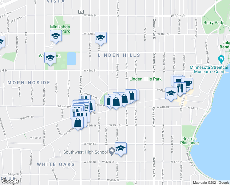 map of restaurants, bars, coffee shops, grocery stores, and more near 4308 Beard Avenue South in Minneapolis