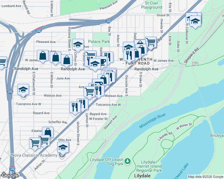 map of restaurants, bars, coffee shops, grocery stores, and more near 726 Armstrong Avenue West in Saint Paul