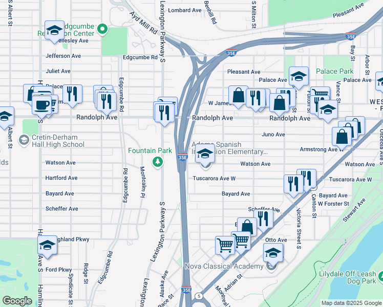 map of restaurants, bars, coffee shops, grocery stores, and more near 1034 Armstrong Avenue West in Saint Paul
