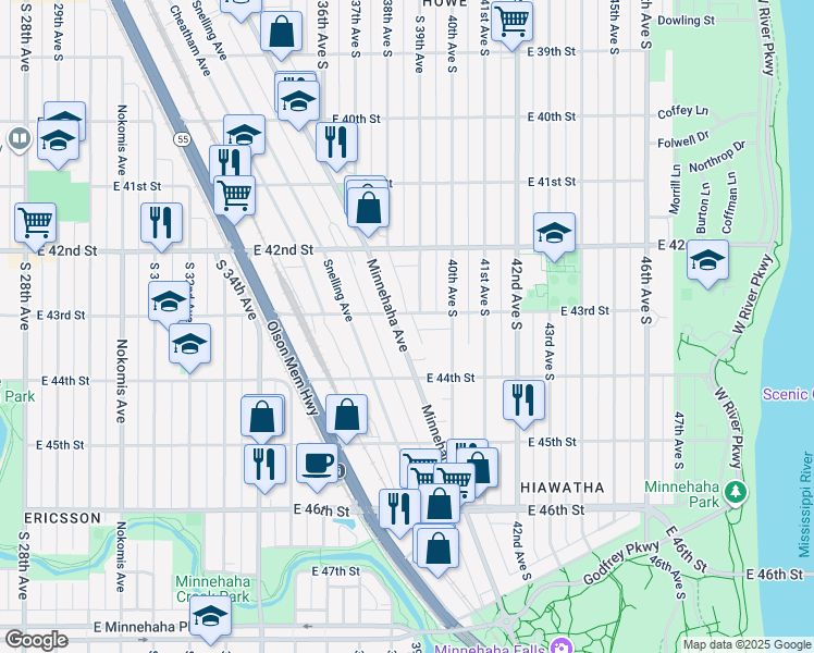 map of restaurants, bars, coffee shops, grocery stores, and more near in Minneapolis