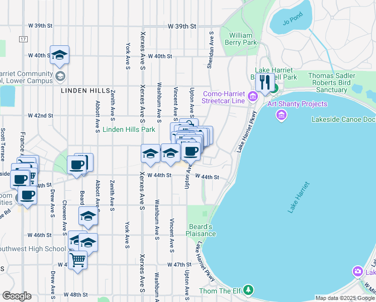 map of restaurants, bars, coffee shops, grocery stores, and more near 4303 Upton Avenue South in Minneapolis