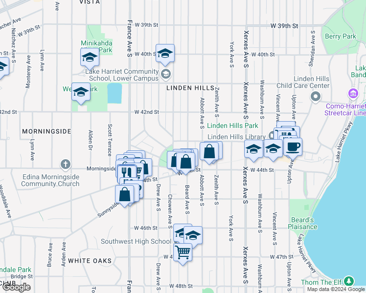 map of restaurants, bars, coffee shops, grocery stores, and more near 4300 Beard Avenue South in Minneapolis