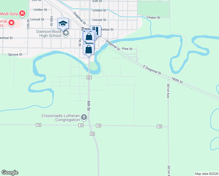 map of restaurants, bars, coffee shops, grocery stores, and more near 317 Hickory Street in Dawson