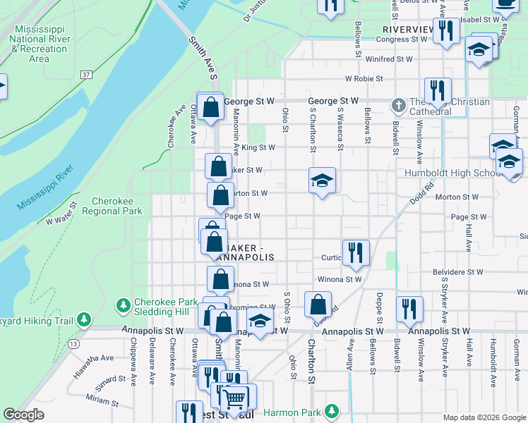 map of restaurants, bars, coffee shops, grocery stores, and more near 321 Page Street West in Saint Paul