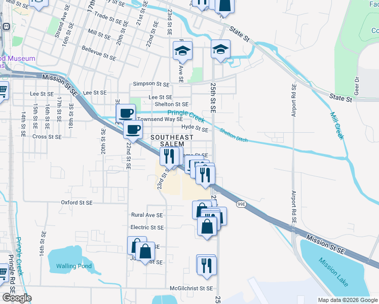 map of restaurants, bars, coffee shops, grocery stores, and more near 1075 24th Street Southeast in Salem