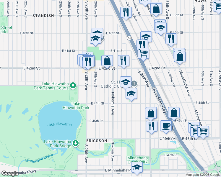 map of restaurants, bars, coffee shops, grocery stores, and more near 4301 Nokomis Avenue in Minneapolis