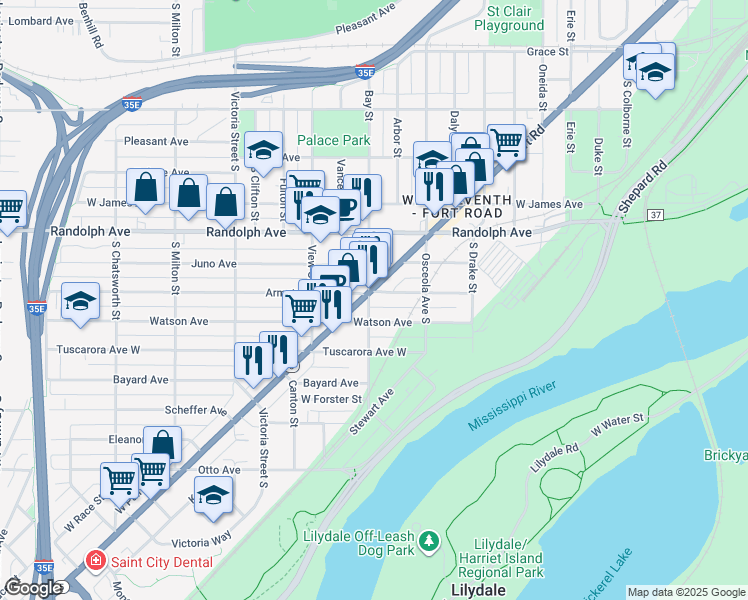 map of restaurants, bars, coffee shops, grocery stores, and more near 726 Armstrong Avenue West in Saint Paul