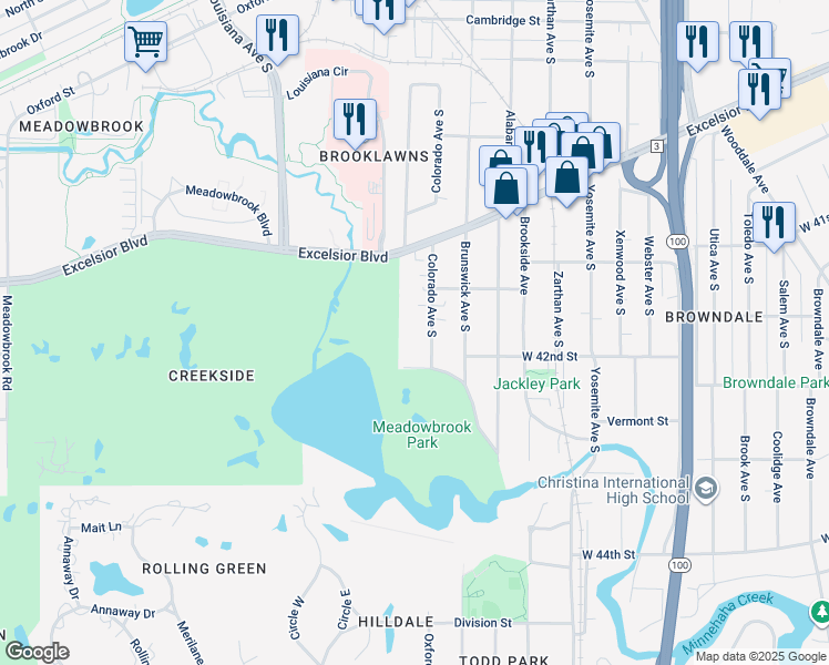 map of restaurants, bars, coffee shops, grocery stores, and more near 4134 Colorado Avenue South in Minneapolis