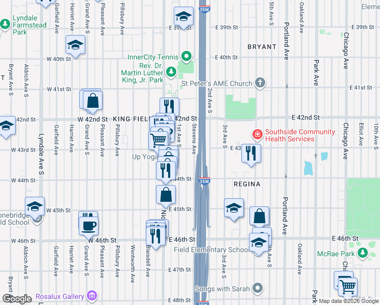 map of restaurants, bars, coffee shops, grocery stores, and more near 4300 East 43rd Street in Minneapolis