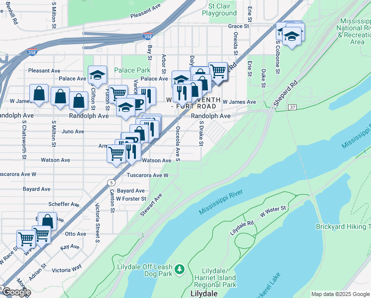 map of restaurants, bars, coffee shops, grocery stores, and more near 656 Armstrong Avenue West in Saint Paul