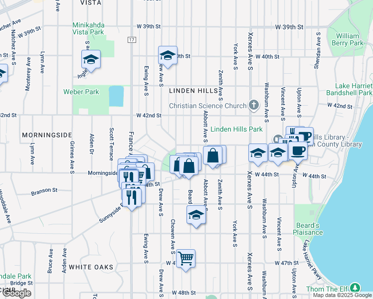 map of restaurants, bars, coffee shops, grocery stores, and more near 4300 Beard Avenue South in Minneapolis