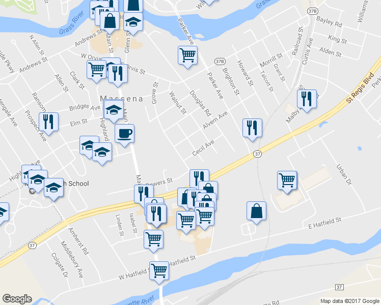 map of restaurants, bars, coffee shops, grocery stores, and more near 5 Cecil Ave in Massena
