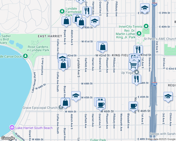 map of restaurants, bars, coffee shops, grocery stores, and more near 4301 Garfield Avenue in Minneapolis