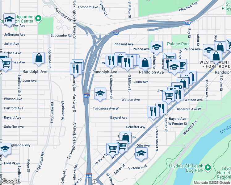 map of restaurants, bars, coffee shops, grocery stores, and more near 966 Armstrong Avenue West in Saint Paul