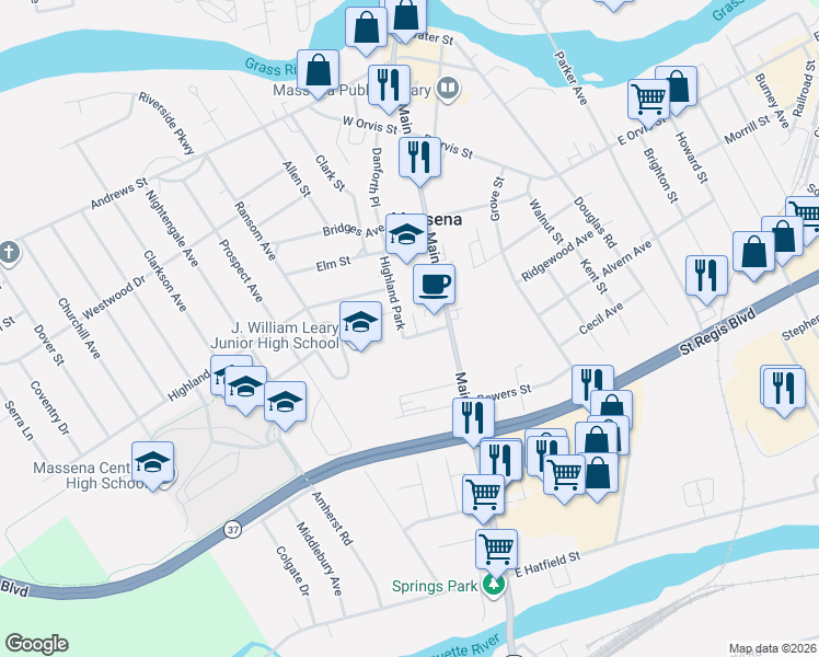 map of restaurants, bars, coffee shops, grocery stores, and more near 3 Garvin Ave in Massena