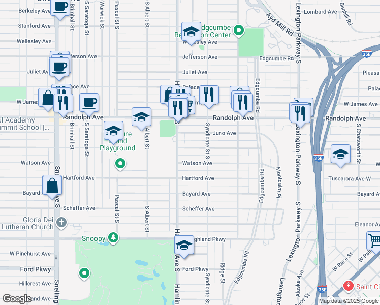 map of restaurants, bars, coffee shops, grocery stores, and more near 1320 Niles Avenue in Saint Paul